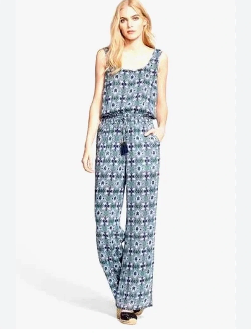 Tory Burch Sleeveless Printed Wide-Leg Jumpsuit in Gray and Green